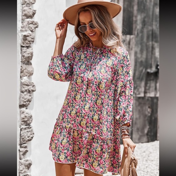 Kirundo Floral Print Babydoll Tent Tiered Mini Dress Pinm White Green Large - Picture 12 of 12